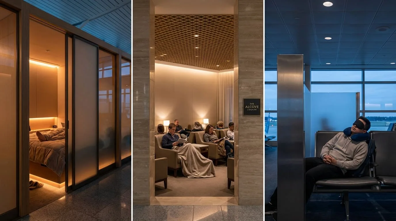 Airport overnight sleep options including sleeping pods, lounges, and terminal seating