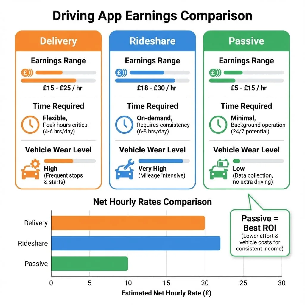 Gráfico comparativo de ganancias por hora antes de gastos en apps de reparto: DoorDash, Uber Eats, Instacart y Amazon Flex