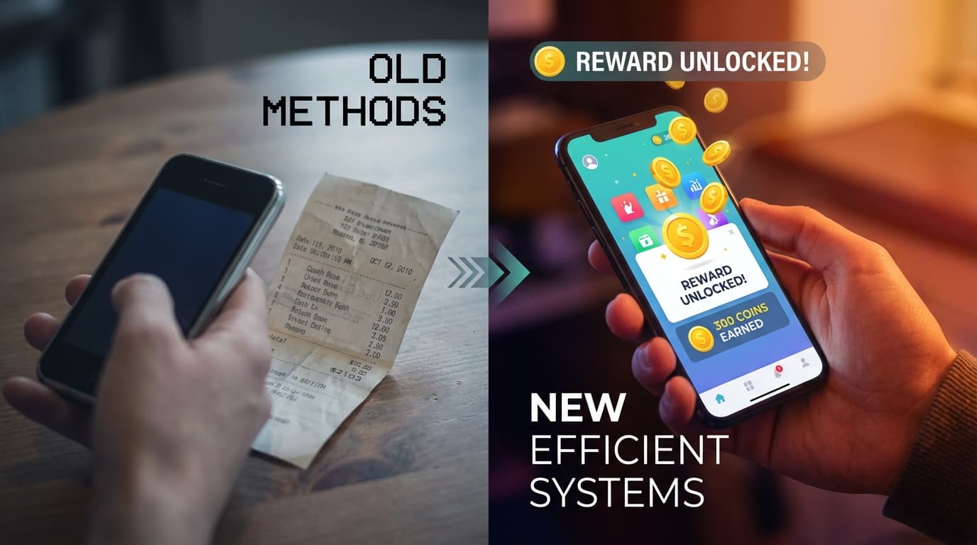 Split screen showing traditional cashback receipt scanning versus modern attention-based reward earning