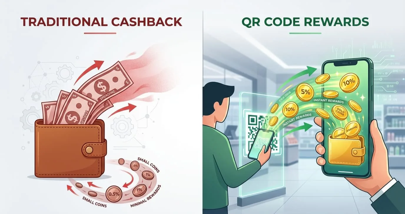 Side-by-side comparison showing QR code scan generating pure profit on left versus traditional cashback requiring purchase first on right