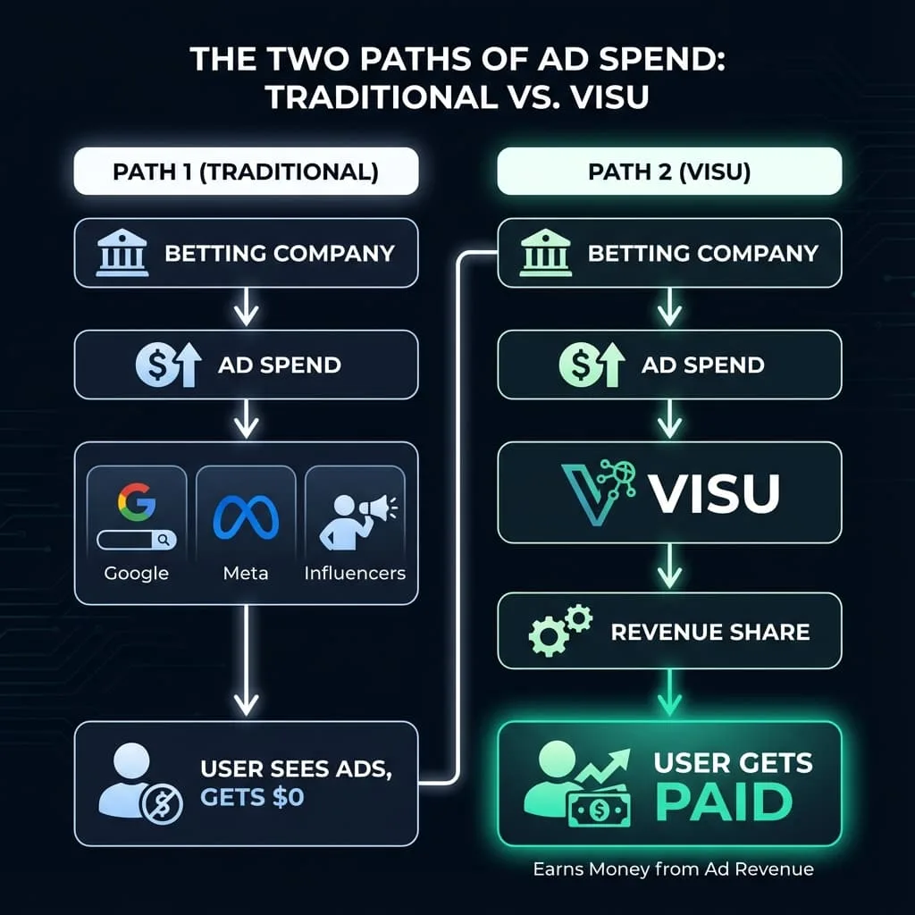 Flow chart showing how betting ad money flows to platforms and influencers while users get nothing versus VISU model where users earn