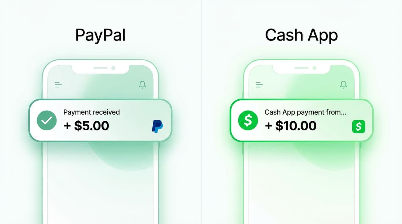 PayPal and Cash App payment notifications showing received money from gaming apps
