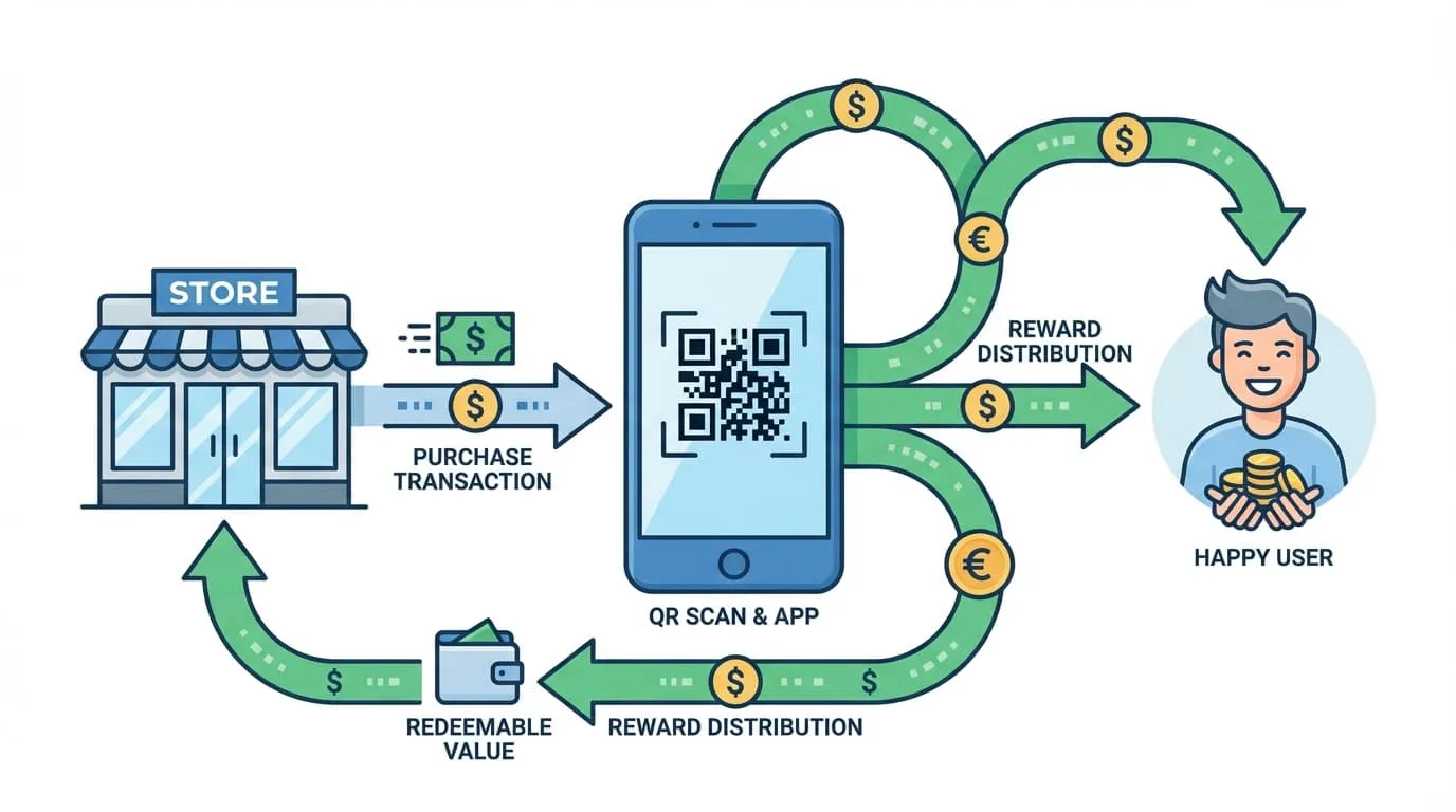 Diagram showing how QR code rewards flow from retailers paying for foot traffic data to apps distributing earnings to users who scan