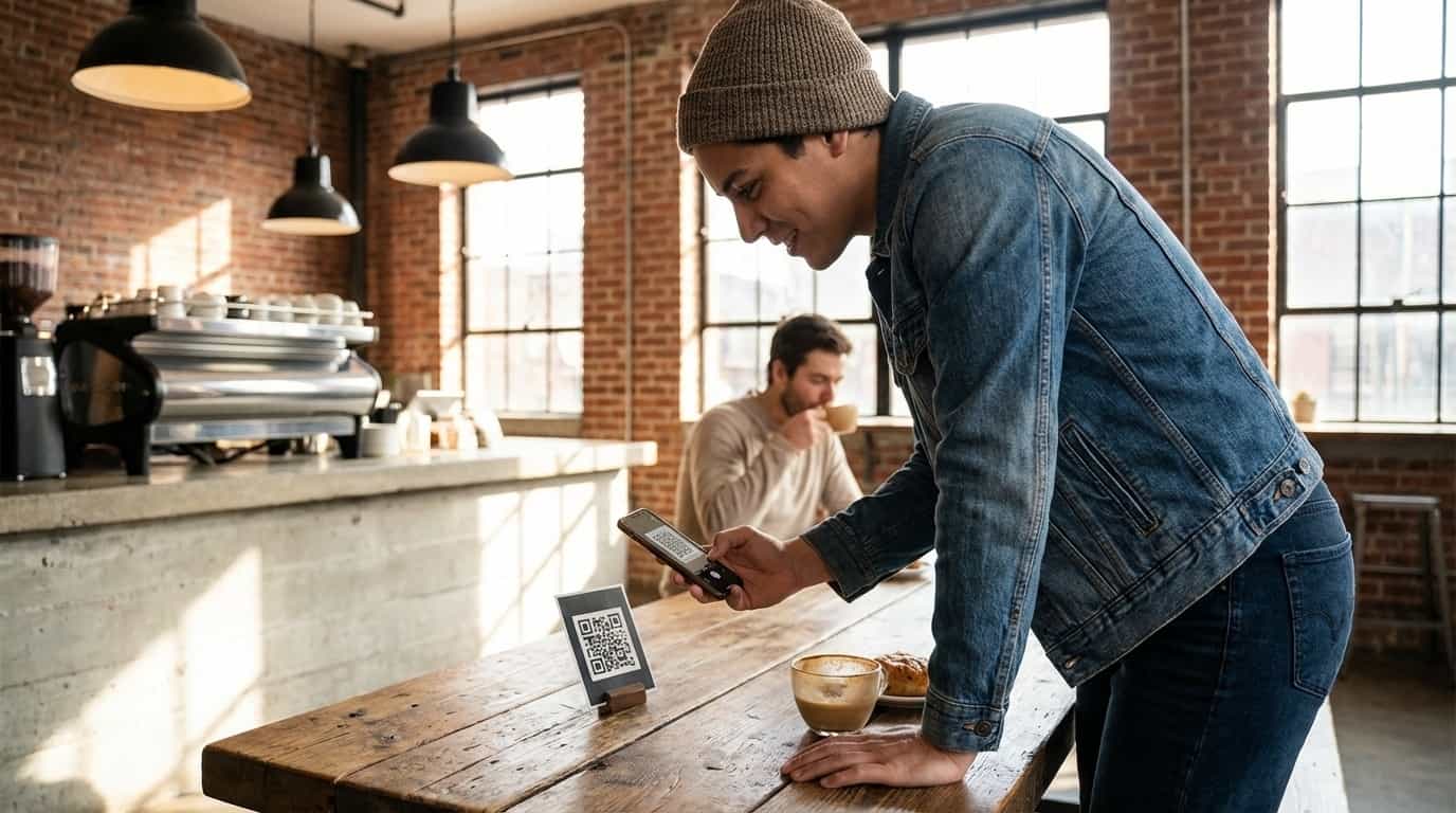 Pessoa escaneando QR code do VISU em café de Nova York