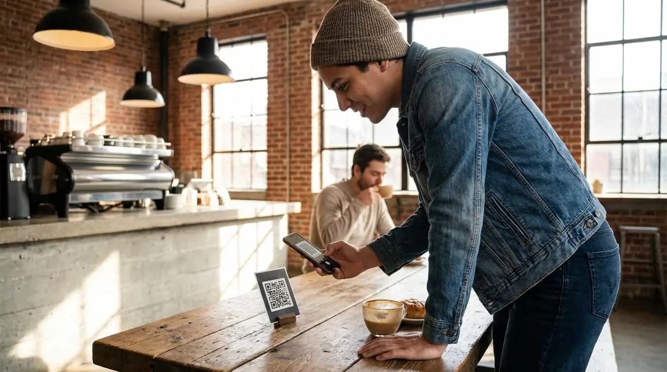 Person scanning VISU QR code at New York cafe