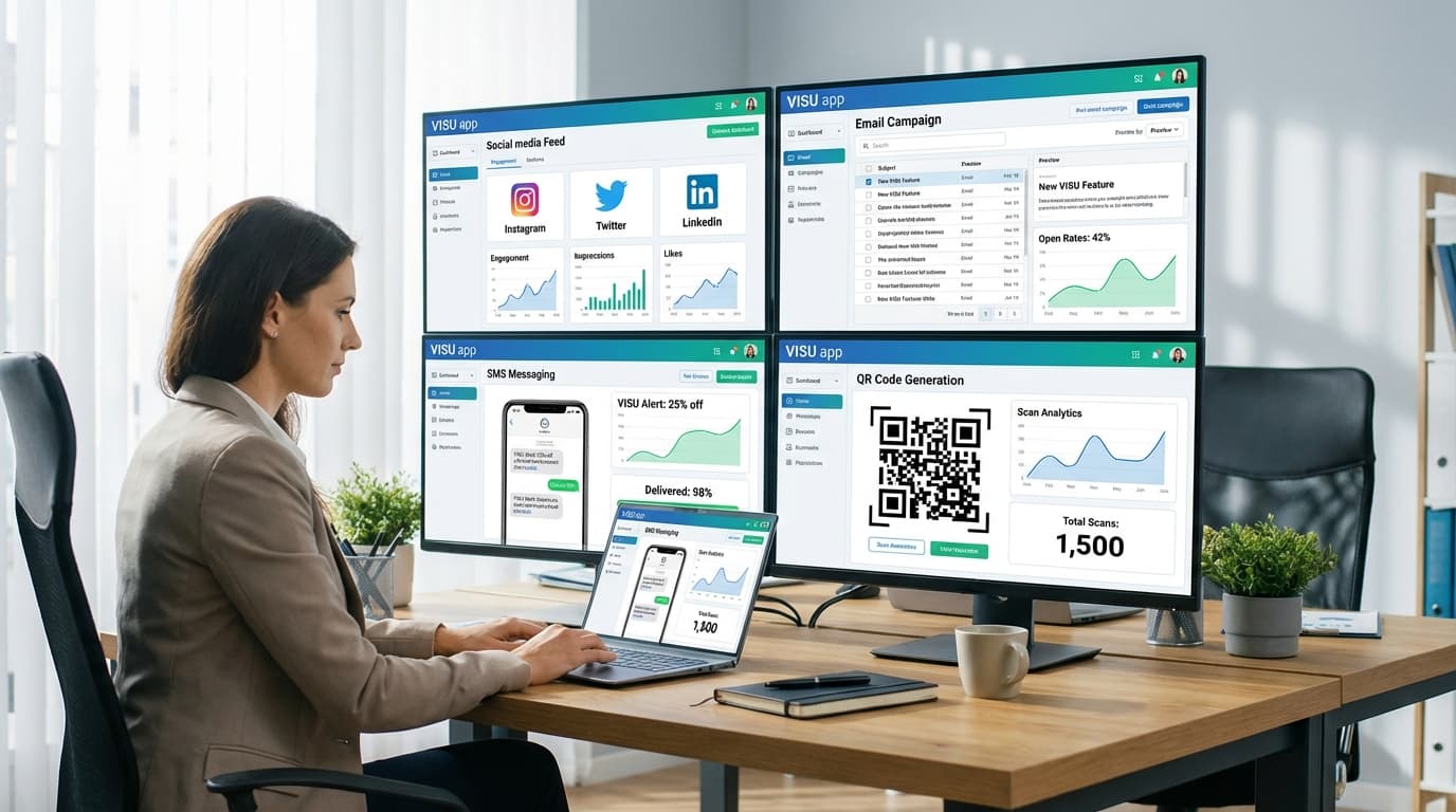 Organizer promoting an event across social media, email, SMS, and QR codes