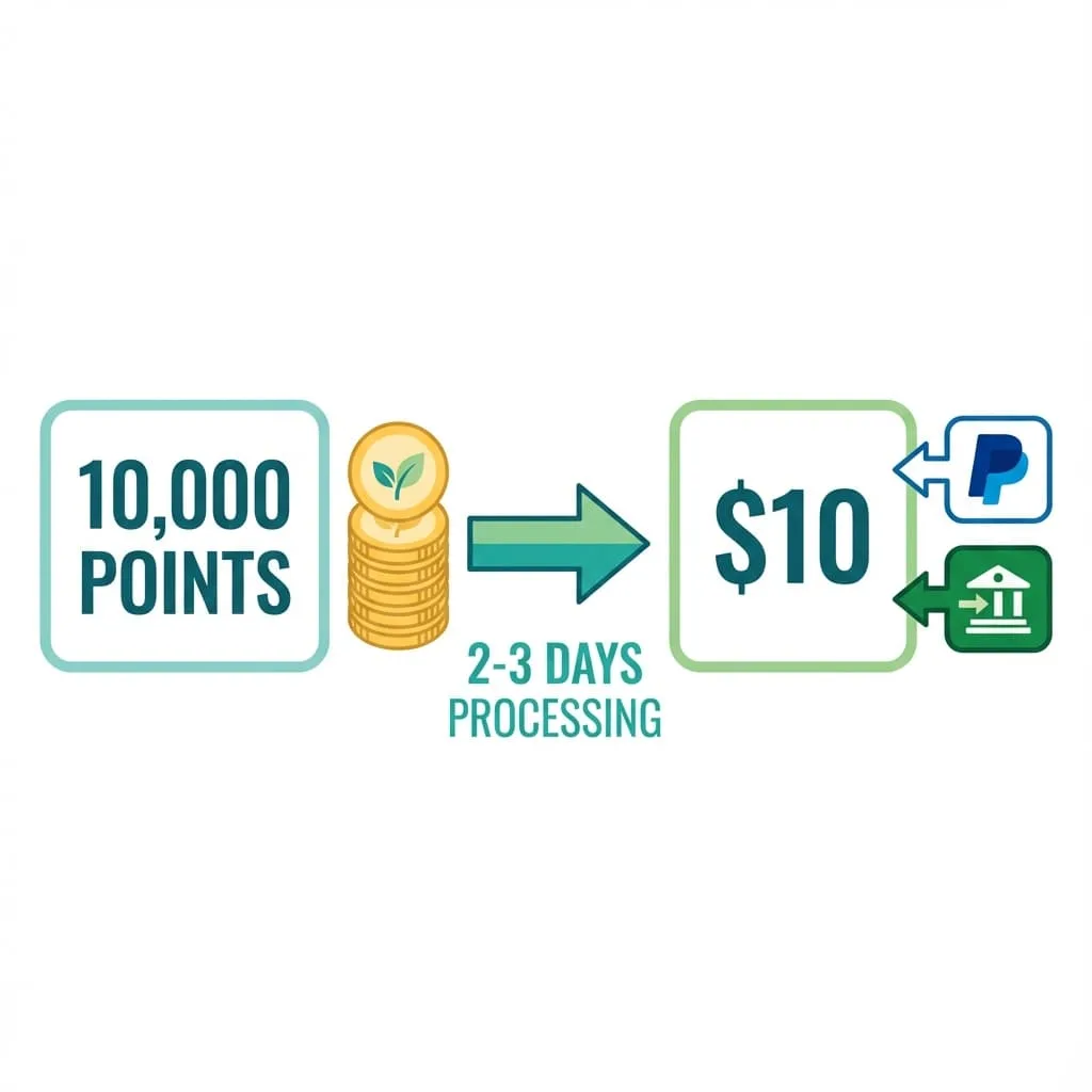 Evidation payout process showing $10 minimum and PayPal direct deposit options