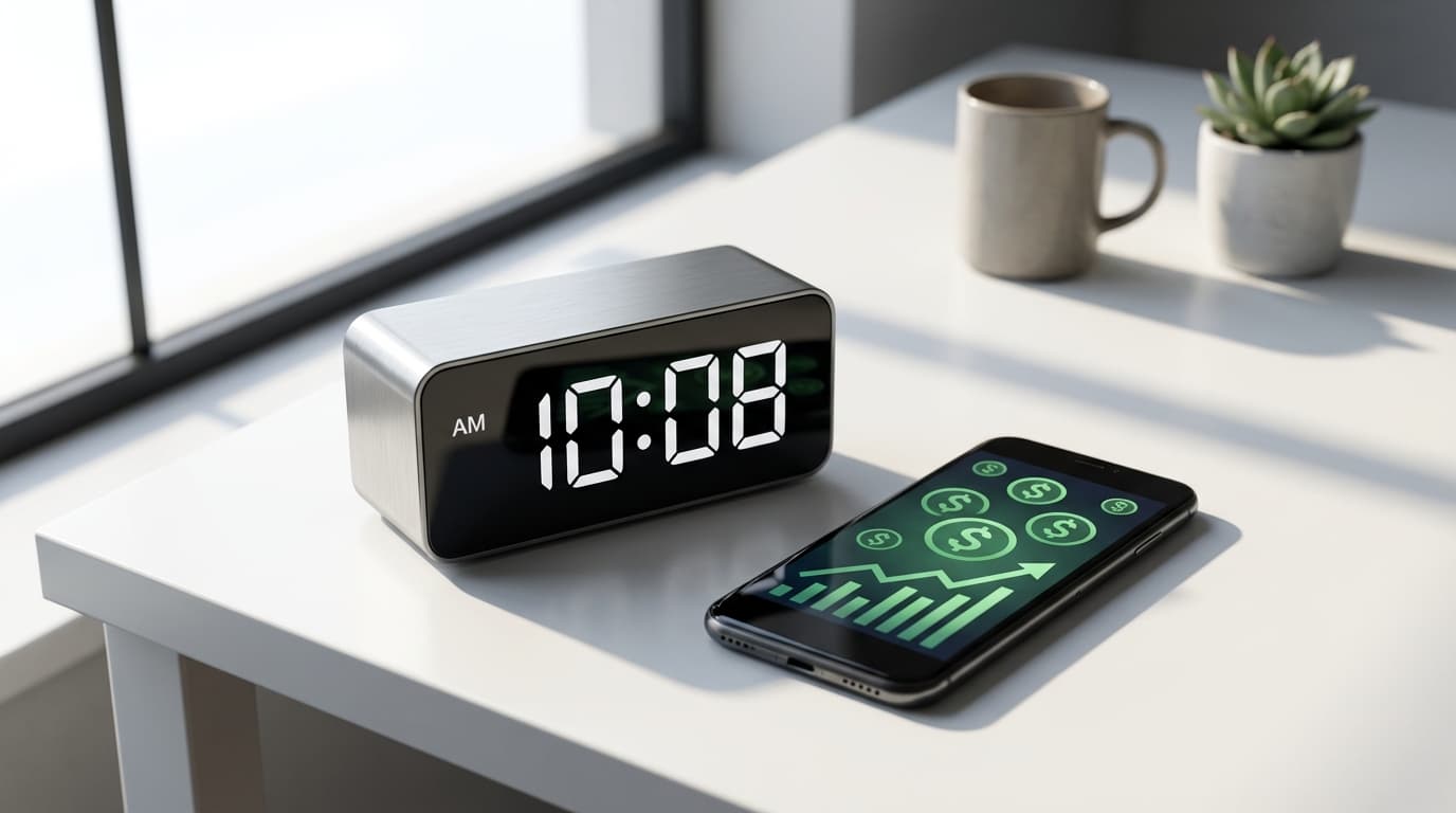 Clock and smartphone representing fast money apps