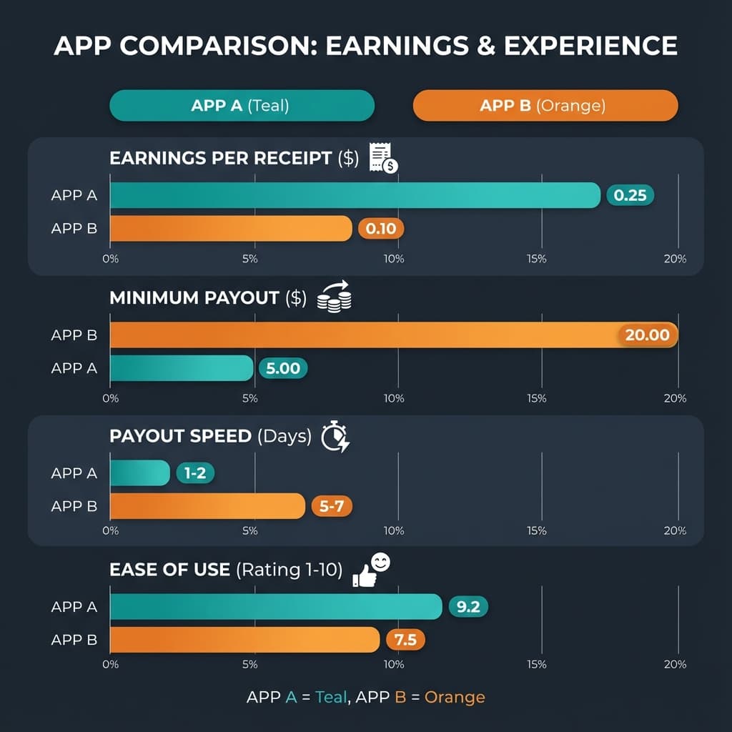 Infographic comparing Fetch and Ibotta earnings, payout thresholds, and ease of use metrics