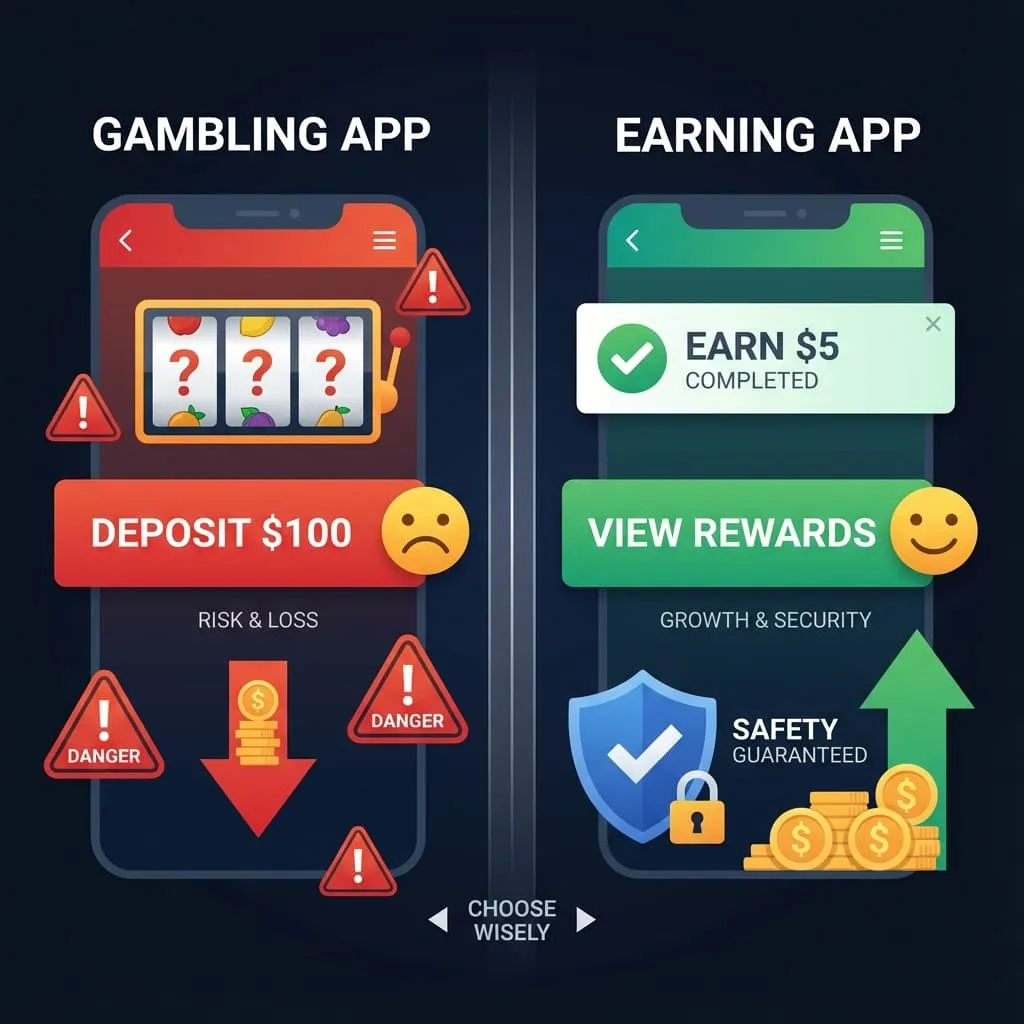 Side by side comparison of gambling apps requiring deposits versus legitimate earning apps that pay without any investment