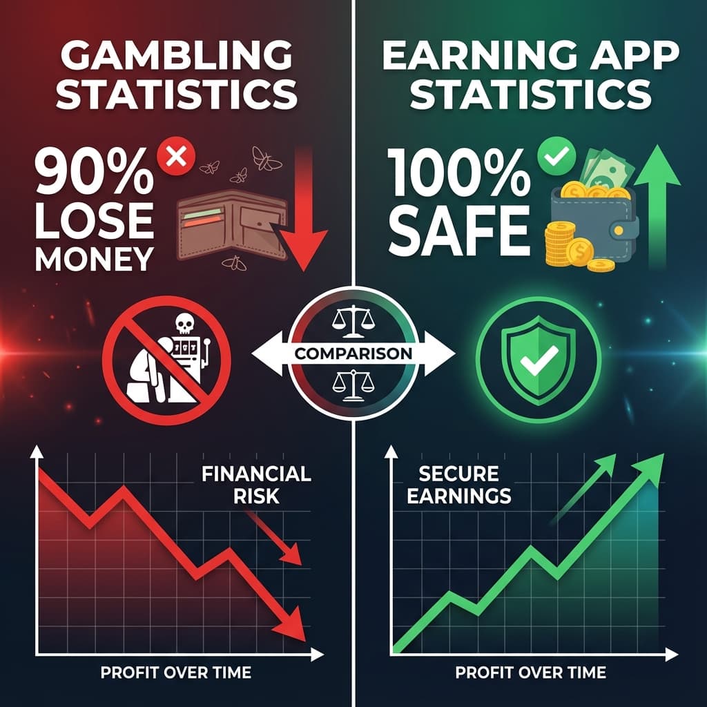 Statistical comparison showing 90% of gamblers lose money while earning app users have guaranteed positive returns