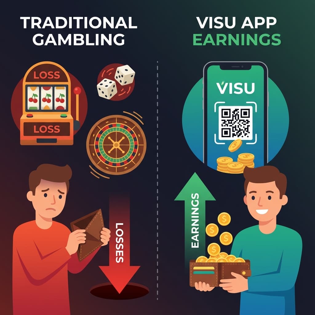 Visual comparison between gambling losses and no-risk earning methods showing opposite financial outcomes