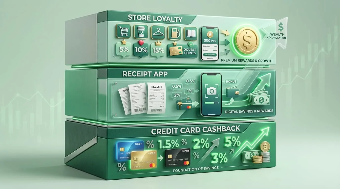 Infographic showing four layers of grocery savings stacked together from credit card to receipt apps