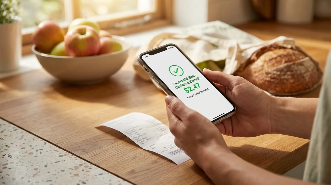 Close-up of hands scanning grocery receipt with smartphone app showing earned cashback amount