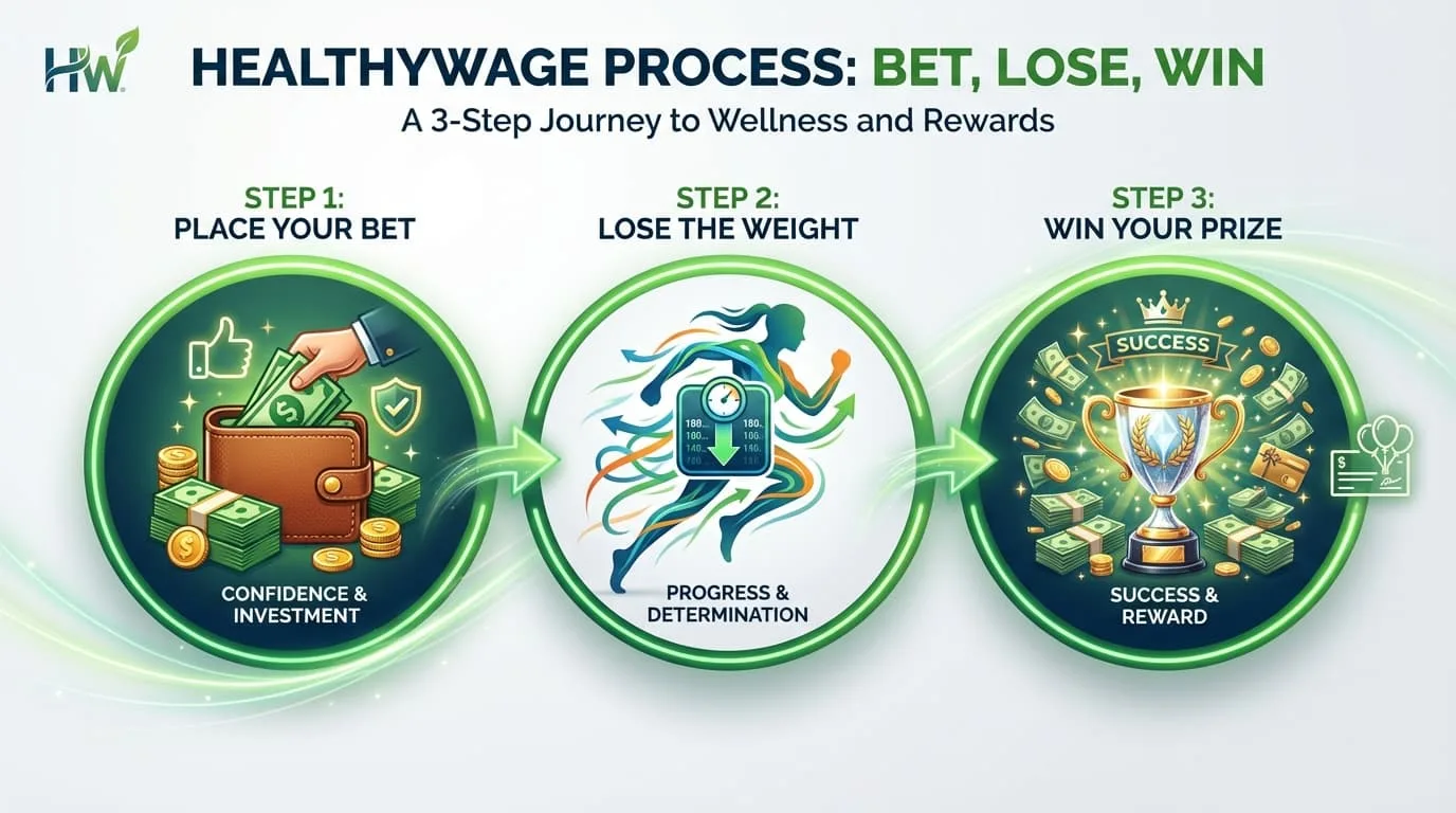 Calculadora HealthyWage mostrando ganhos potenciais baseados no valor da aposta e meta de peso