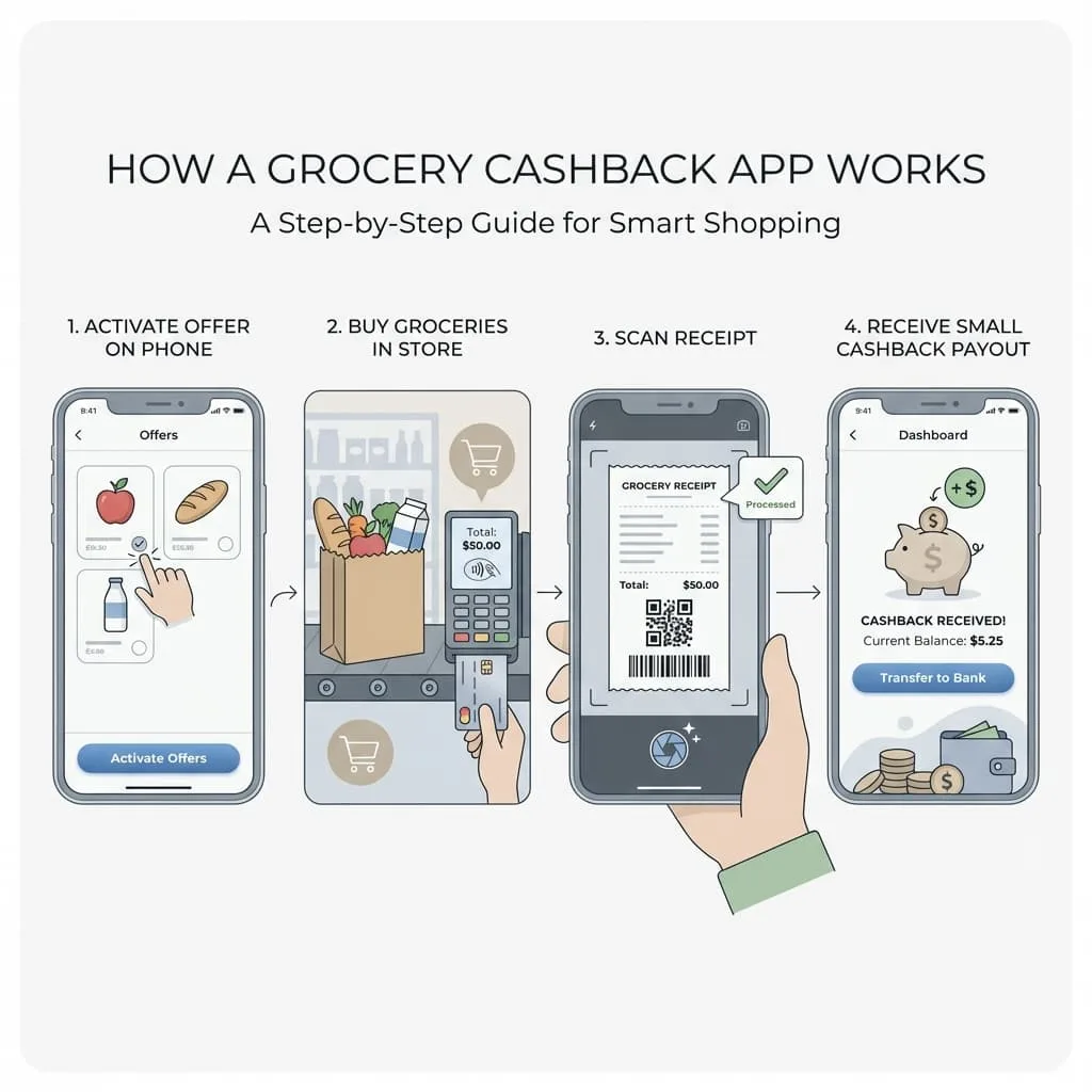 Diagram showing how Ibotta cashback works from offer activation to payout
