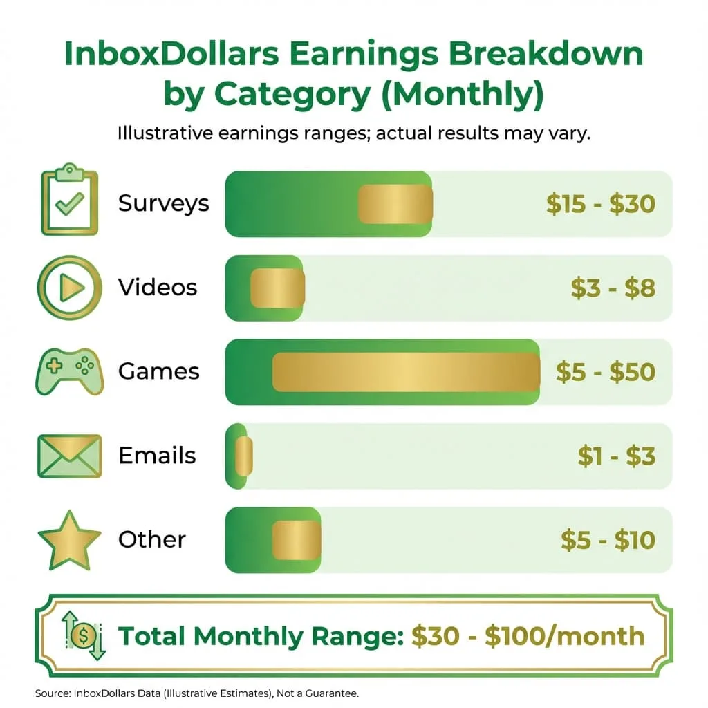InboxDollars monthly earnings breakdown by activity type