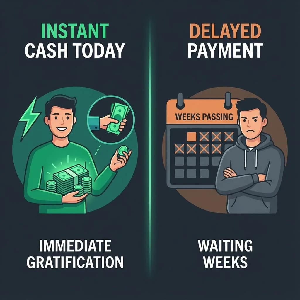 Split screen comparing instant payment notification versus calendar showing weeks of waiting