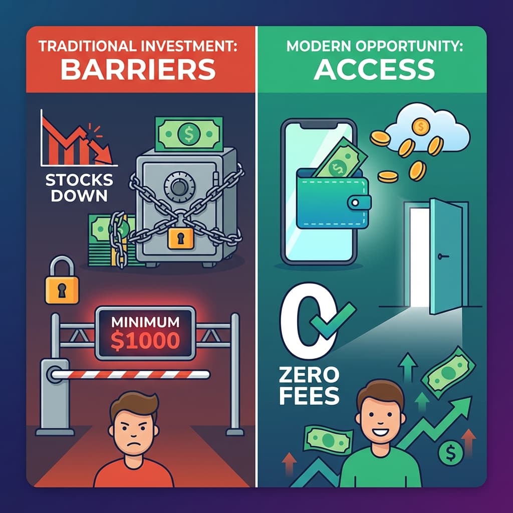Comparison between traditional investments requiring capital versus no-investment earning methods that are free to start