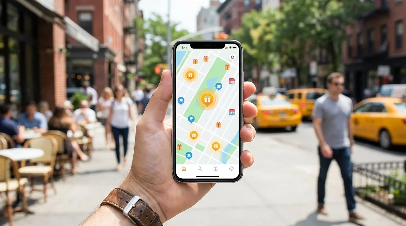 Smartphone showing map with location-based reward points at various stores and venues