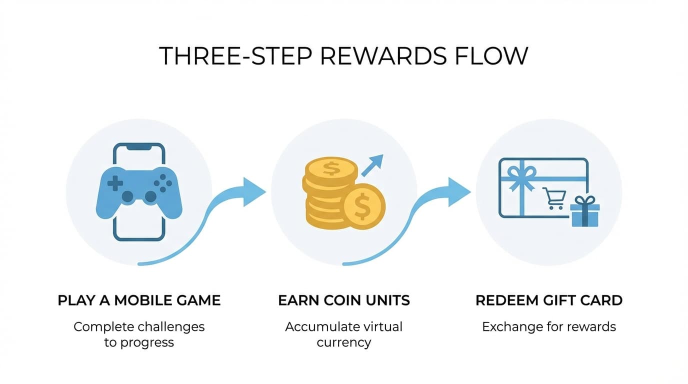Mistplay earning process diagram showing play games, earn units, redeem gift cards flow