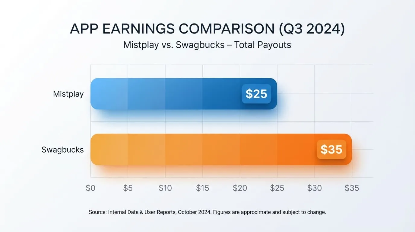 Bar chart comparing Mistplay and Swagbucks monthly earnings