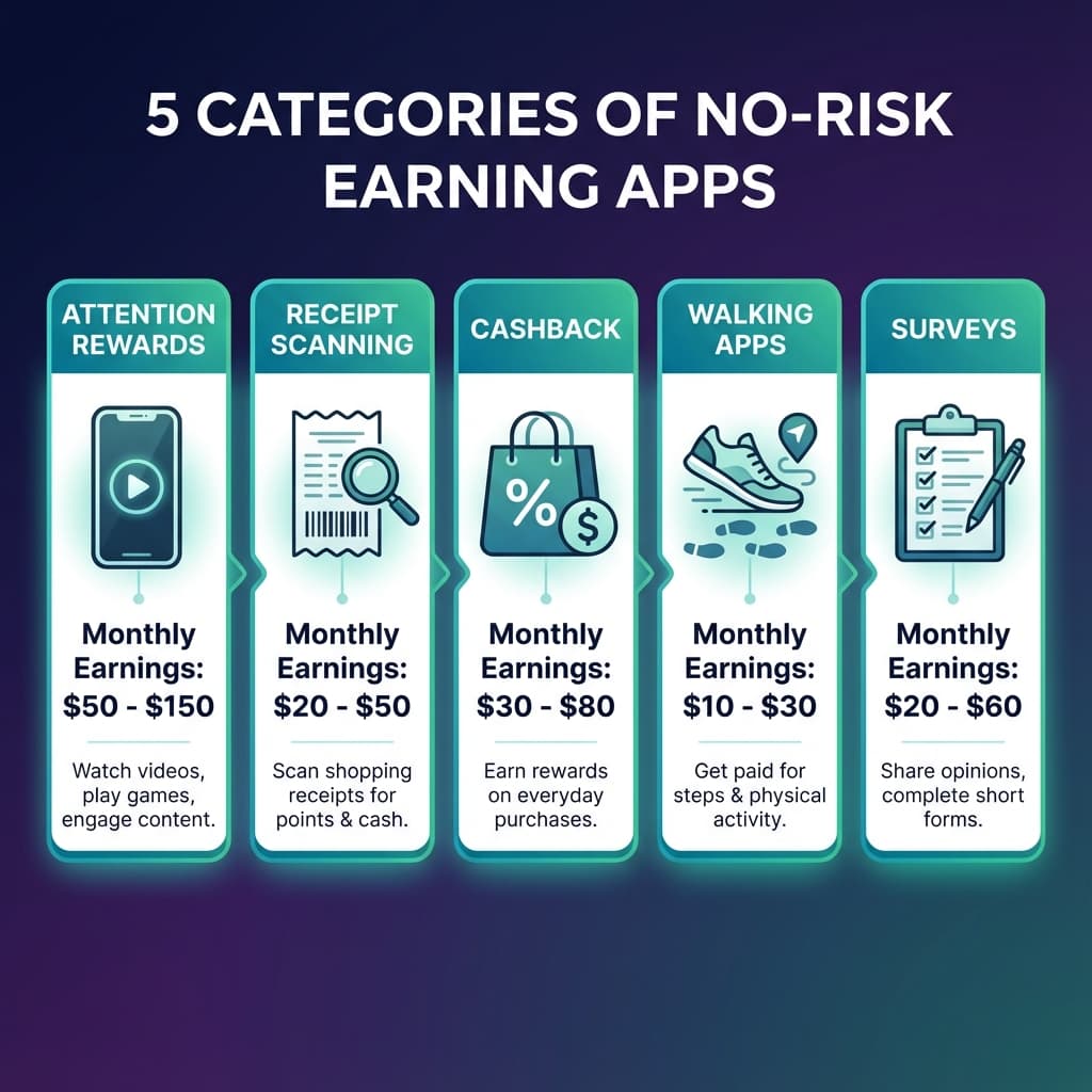 Infographic showing five categories of no-risk earning apps with monthly earnings breakdown from attention rewards to surveys