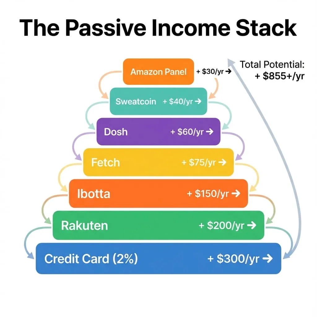 Diagrama mostrando como apps de renda passiva funcionam juntos para maximizar ganhos