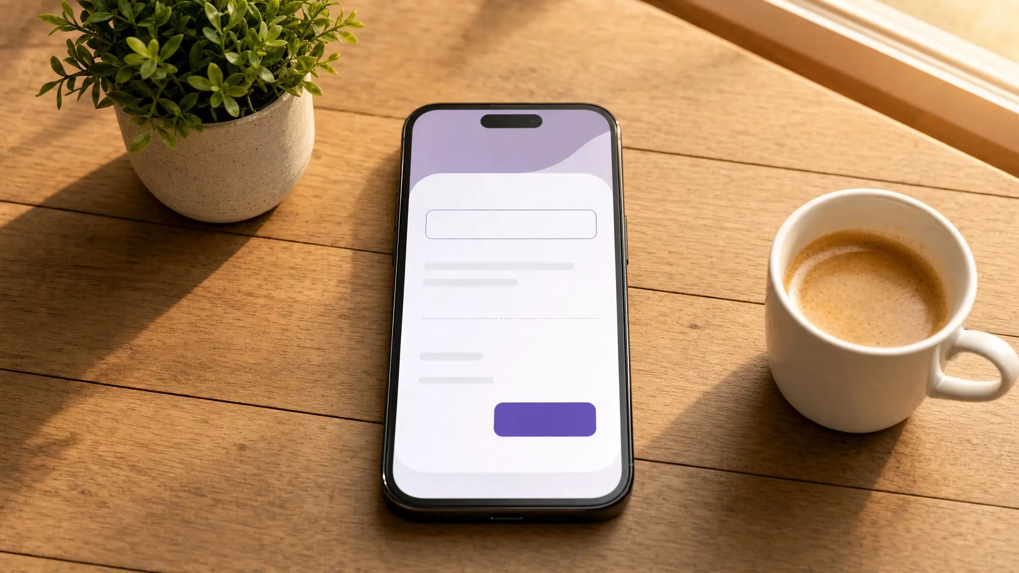 Celular numa mesa mostrando uma tela abstrata com o campo de desconto vazio ao lado de um café