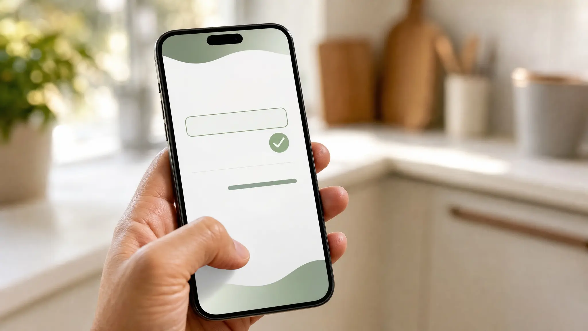 Close de um celular mostrando um campo abstrato de cupom no checkout com uma confirmação verde
