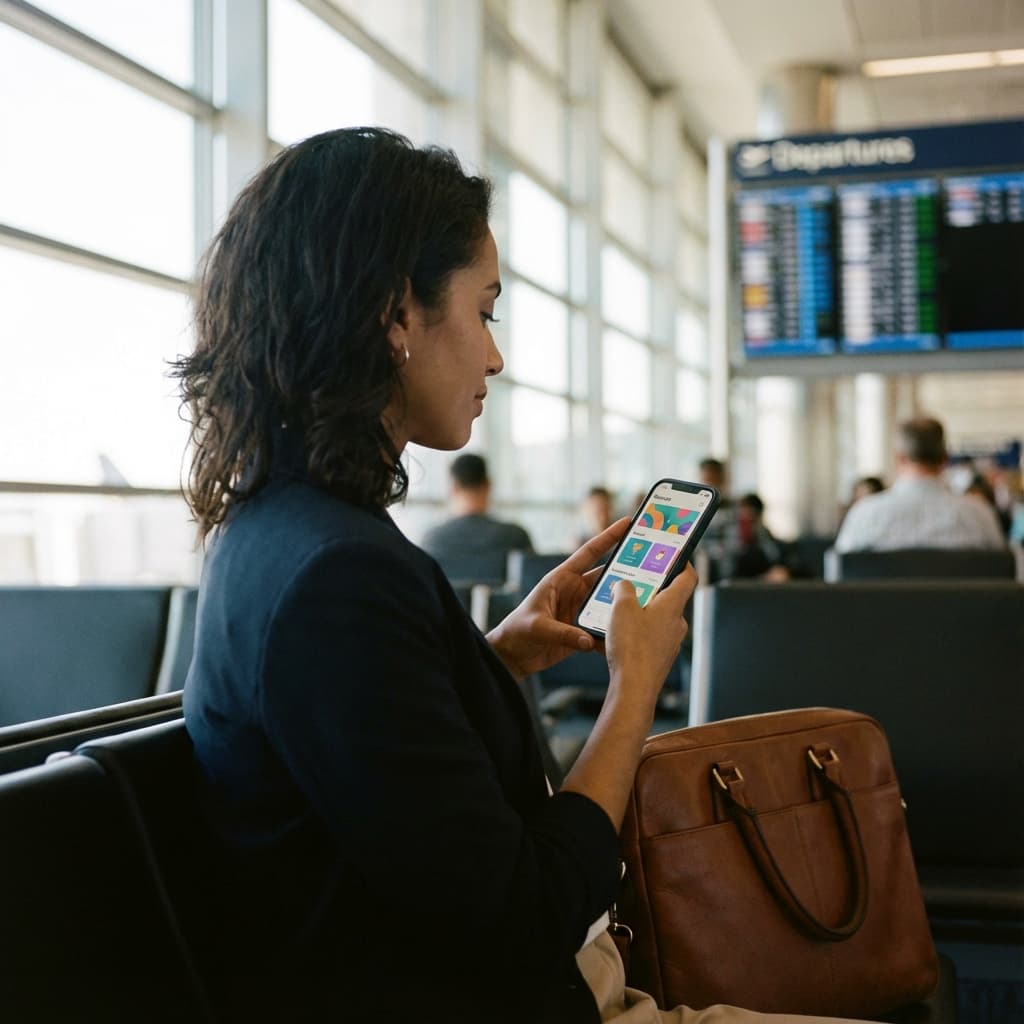 Person using smartphone productively at airport gate to accumulate rewards and complete tasks