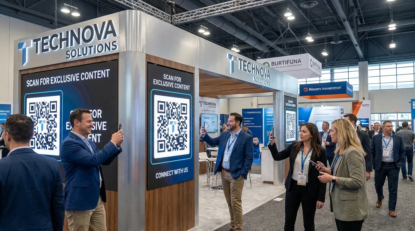 Stand de feria comercial con pantalla de código QR para captura de leads y activación de patrocinadores
