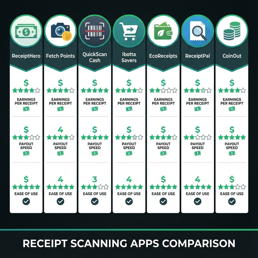 Comparison chart of 7 best receipt scanning apps showing earnings, payout thresholds, and ratings