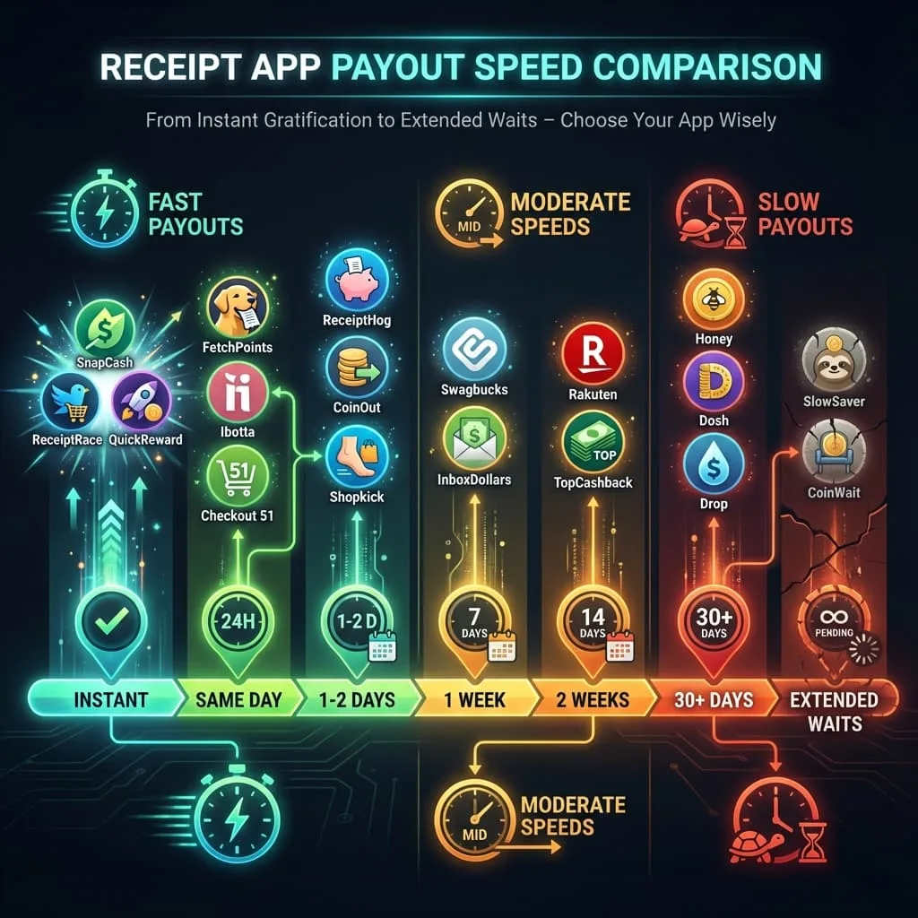 Timeline infographic comparing payout speeds of receipt apps from instant to 30+ days