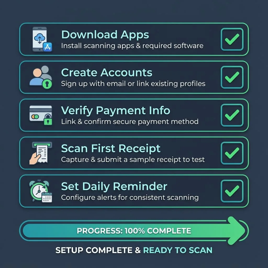 Visual checklist for receipt scanning setup showing download apps, create accounts, verify payment, scan first receipt, and set reminder