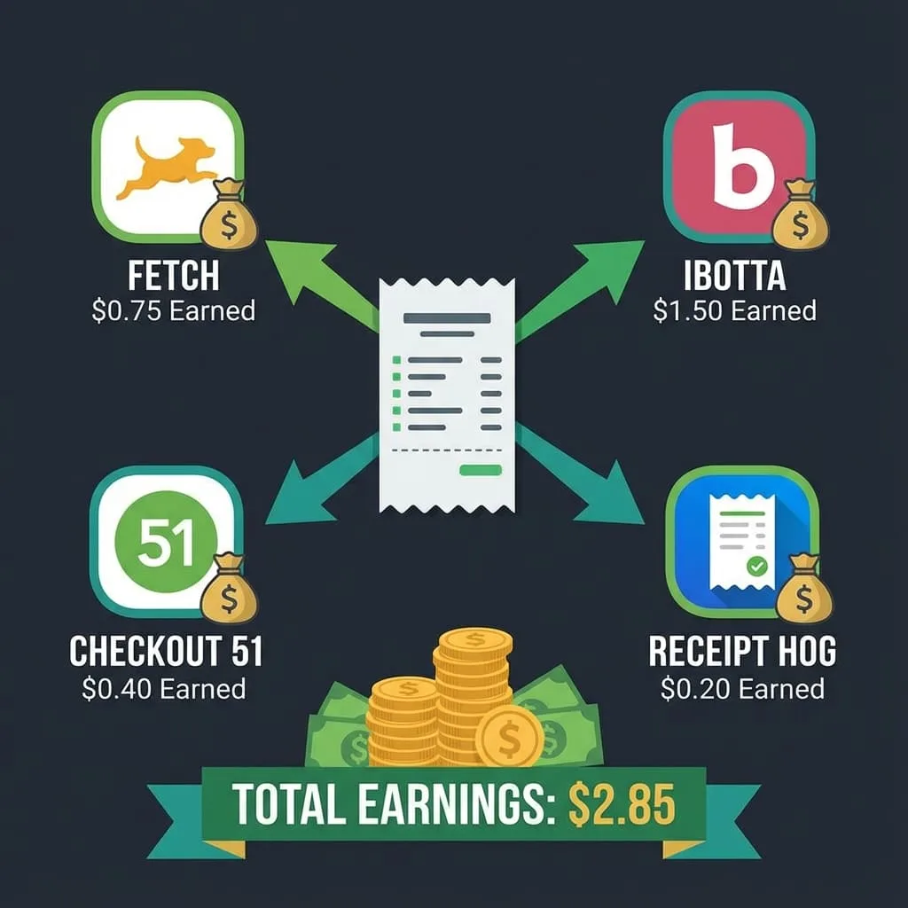 Diagram showing how to stack multiple receipt apps on one purchase for maximum earnings