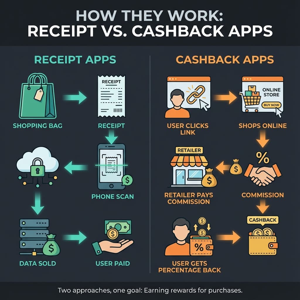 Two-panel infographic showing how receipt apps work by scanning after purchase versus how cashback apps work by clicking affiliate links before purchase