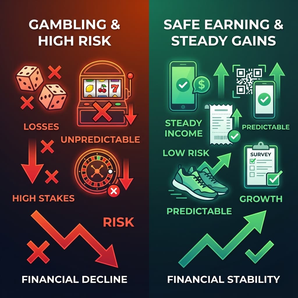 Visual comparison between risky gambling methods with losses versus no-risk earning apps with steady safe income