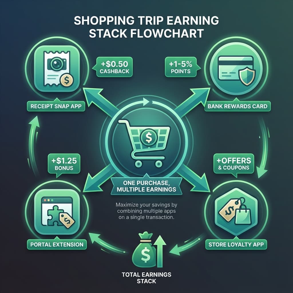 Visual flowchart showing how to stack multiple receipt apps on one shopping trip for maximum earnings
