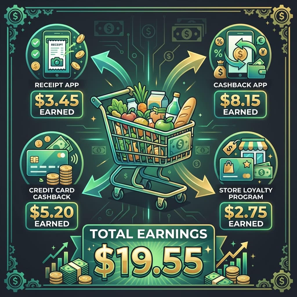 Visual showing one shopping trip earning from four sources: receipt app, cashback app, credit card cashback, and store loyalty program