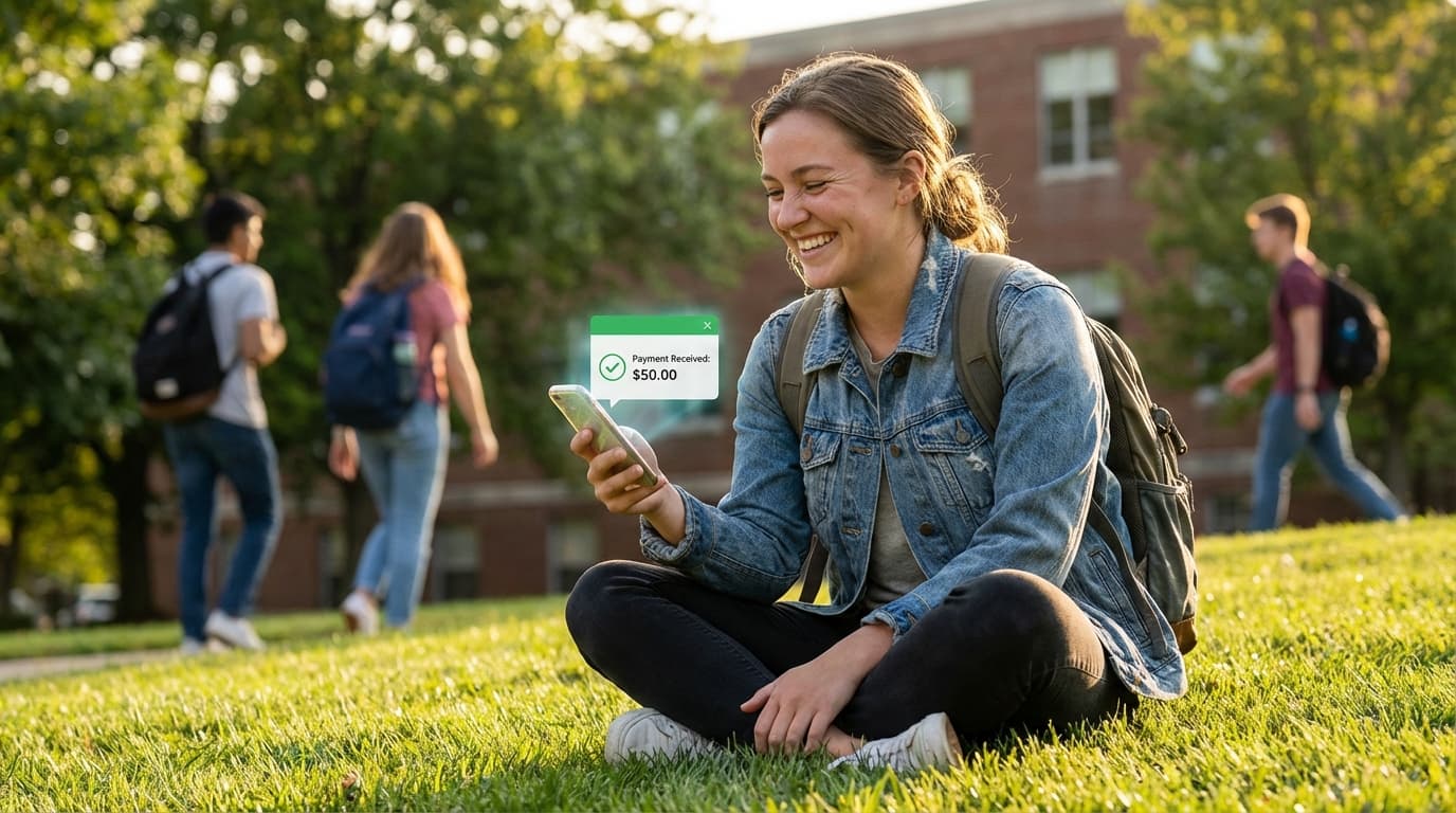 Estudante feliz recebendo primeira notificação de pagamento no celular