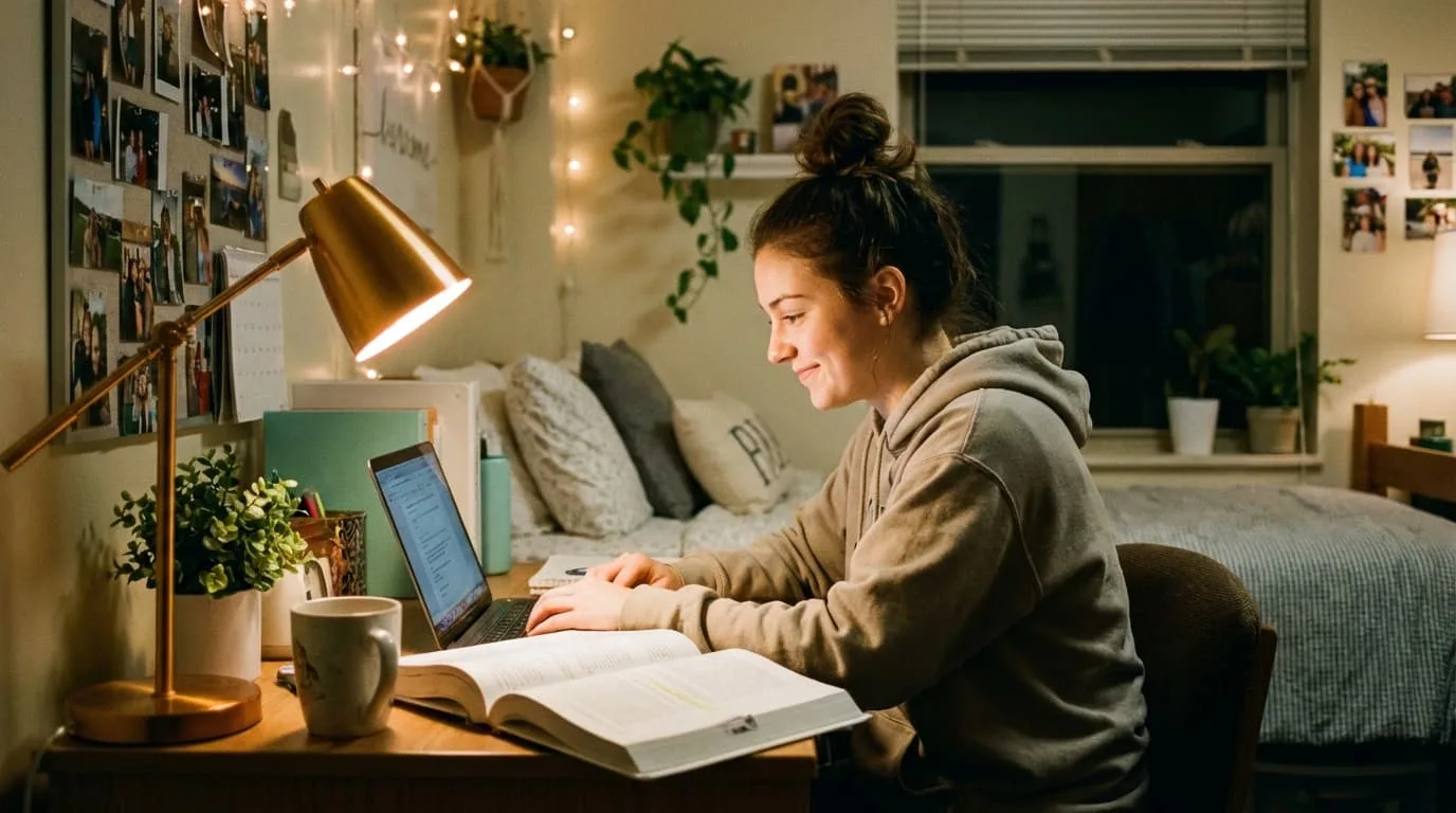 Estudante universitário fazendo trabalho freelance no laptop no quarto