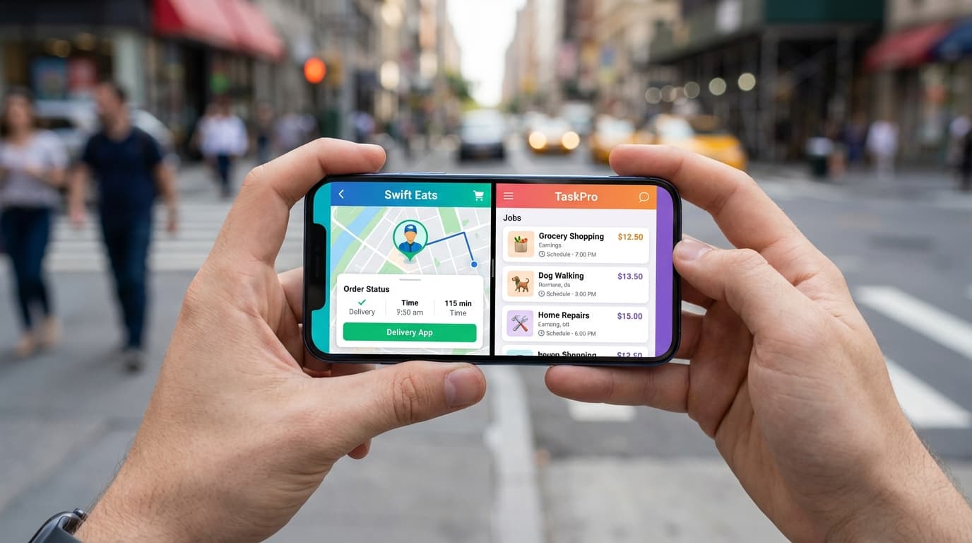 Estudante usando apps de gig economy pra delivery e tarefas no celular
