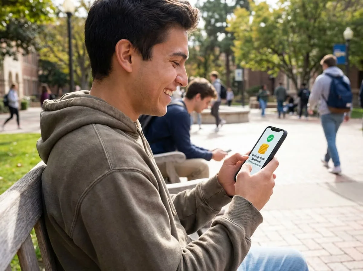 Student using cashback and reward apps on phone to save money