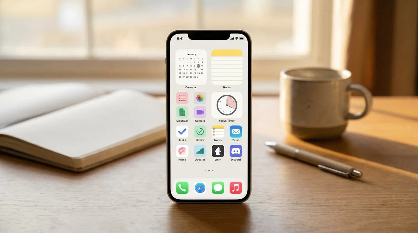 Smartphone displaying productivity apps like Notion, Google Calendar and Forest for students