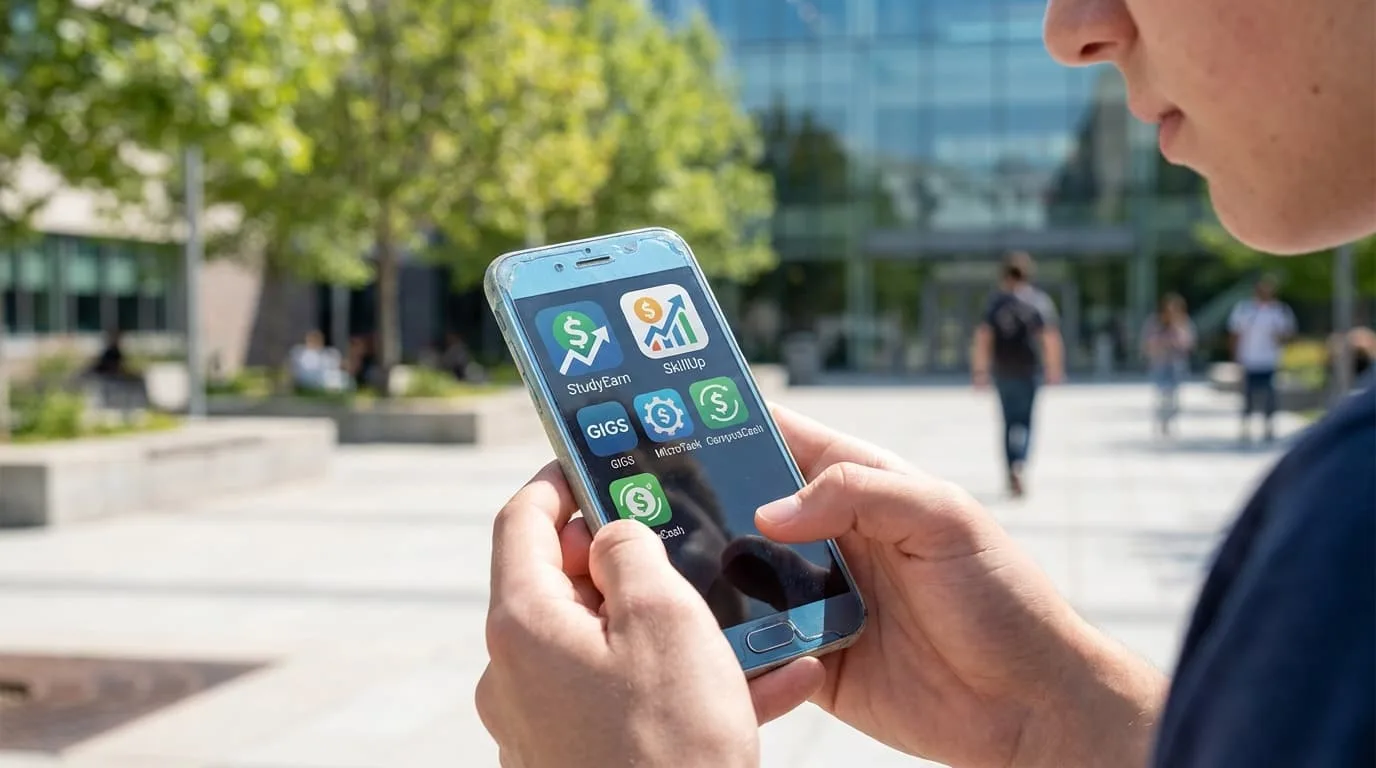 Smartphone mostrando apps de ganhar dinheiro para universitários