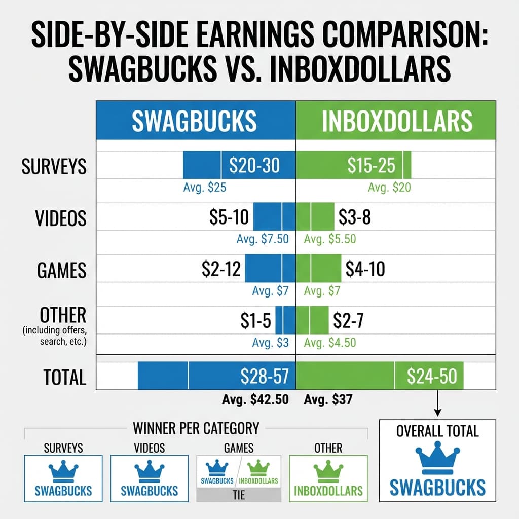 Monthly earnings comparison between Swagbucks and InboxDollars by activity