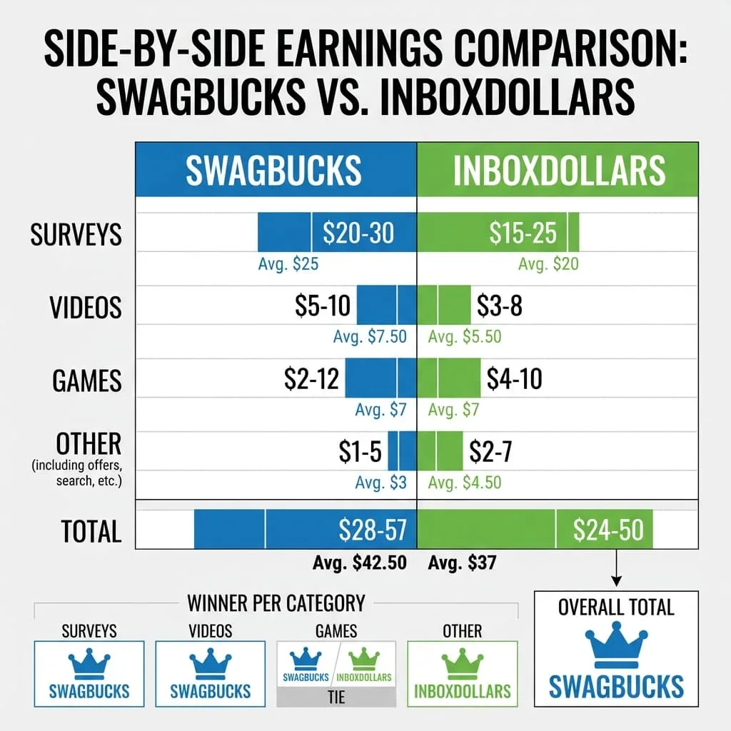 Comparación de ganancias mensuales entre Swagbucks e InboxDollars por tipo de actividad