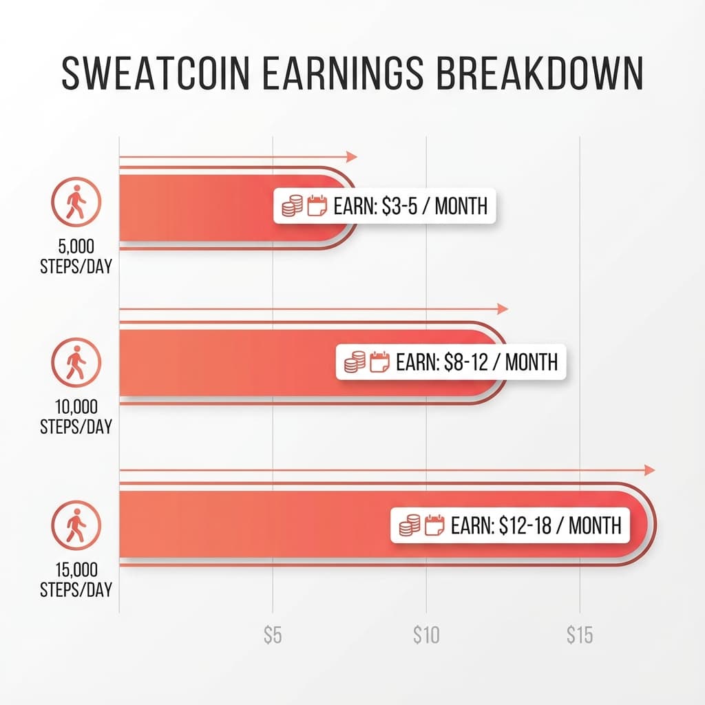 Sweatcoin monthly earnings breakdown showing realistic income based on daily steps
