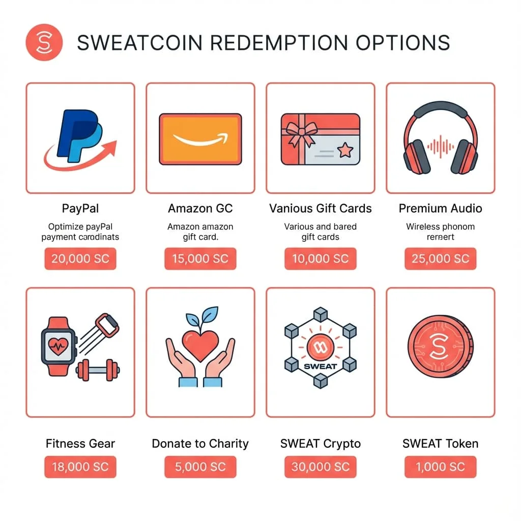 Opções de resgate do Sweatcoin incluindo itens do marketplace e cripto SWEAT